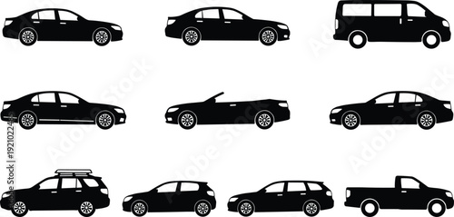 Vehicle silhouettes illustration, car sedan SUV hatchback minivan pickup truck profile design, vector artwork, transport and education theme, isolated background