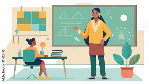 Indigenous Teacher in Modern Classroom Vector – Contemporary Education Scene Canada