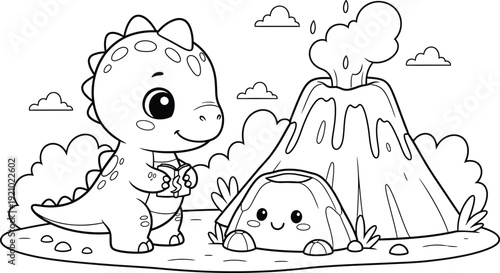 a charming black and white illustration depicts a cute baby dinosaur next to a volcano and turtle high quality professional detailed