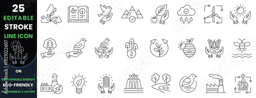 Icon set on Sustainable energy and environmental eco-friendly conversation, nature protection. Editable line art icon