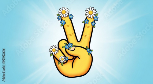 Peaceful hand gesture with flowers on fingers against blue background symbolizing harmony and freedom