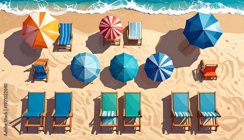 Aerial view of beach with colorful umbrellas and chairs, sunlight, sand, and ocean waves in vibrant colors