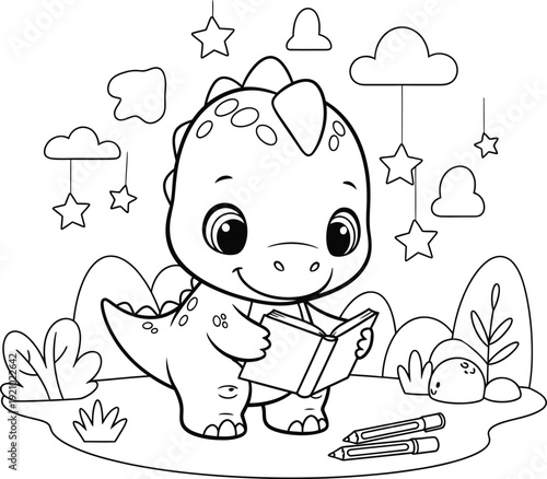 a charming black and white illustration depicts a cute baby dinosaur engrossed in reading a book surrounded by playful stars and clouds