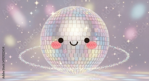 Colorful disco ball with smiling face and rosy cheeks spinning under starry night sky with sparkling lights