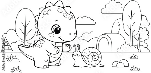 a charming black and white illustration depicts a cute baby dinosaur meeting a friendly snail in a lush forest scene with trees and clouds