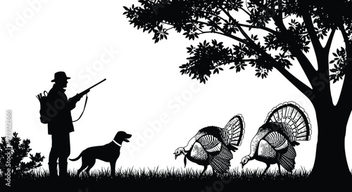 Black silhouette of a hunter with a dog and shotgun stalking wild turkeys under a tree in a field, nature.
