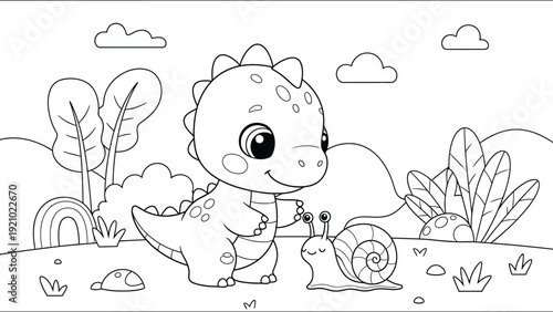 a charming black and white illustration depicts a cute baby dinosaur interacting with a snail in a whimsical landscape high quality