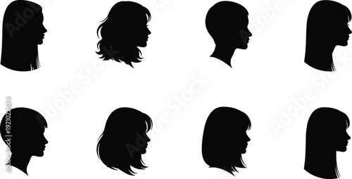 Flat vector illustration of diverse head silhouettes, hairstyle variations, male and female profiles, fashion design, character modeling artwork