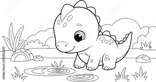 a charming black and white illustration depicts a cute baby dinosaur walking near a pond with plants high quality professional detailed