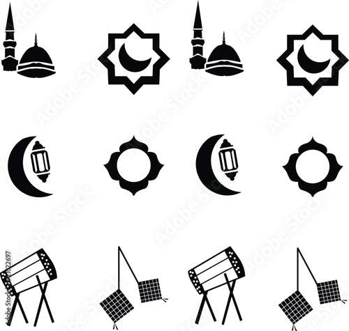 Set of black and white Islamic Ramadan vector icons