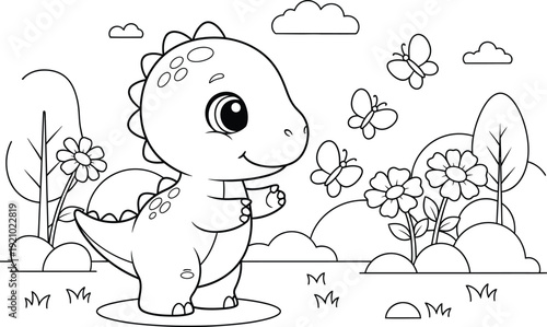 a charming cartoon illustration depicts a cute baby dinosaur amidst flowers butterflies and fluffy clouds ideal for coloring pages high quality