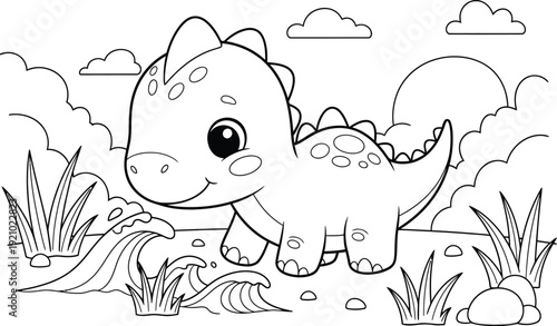 a charming cartoon illustration depicts a cute baby dinosaur walking amidst lush greenery and fluffy clouds perfect for coloring high quality