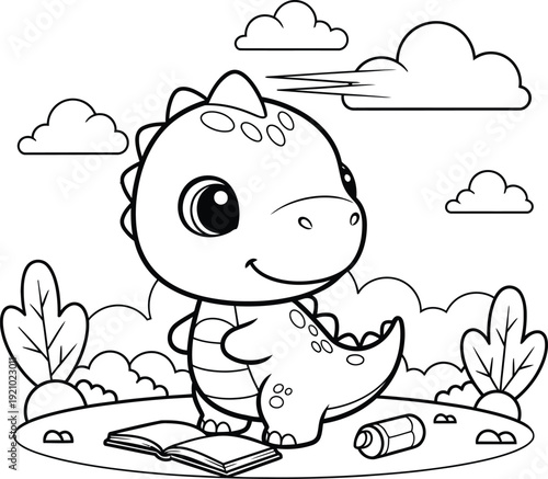 a charming illustration depicts a cute baby dinosaur reading a book outdoors amidst fluffy clouds and simple foliage high quality professional