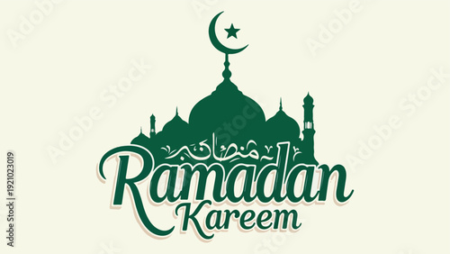 Ramadan Kareem greeting with a mosque silhouette and crescent moon.