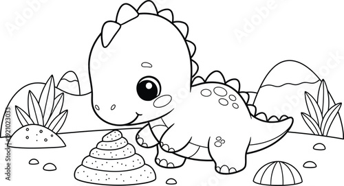 a charming black and white illustration depicts a cute dinosaur with big eyes near a pile of dung surrounded by desert plants