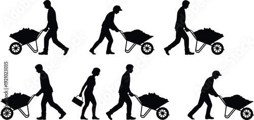 Worker pushing wheelbarrow silhouettes set, construction laborers transporting soil isolated black vector illustration collection