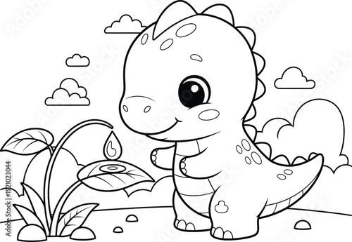 a delightful black and white illustration depicts a charming baby dinosaur curiously interacting with a lush plant and fluffy clouds