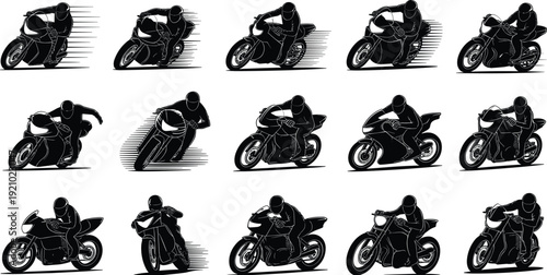 Black motorcycle rider silhouettes set, sport bike racing icons, speeding motorbike vector collection, biker stunting graphics, moto sport silhouette clip art