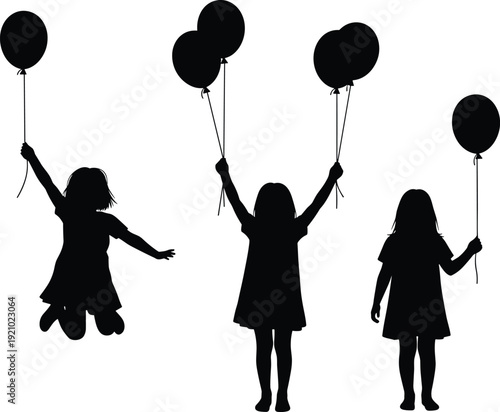 Black silhouettes of happy young girls jumping and standing while holding balloons, joyful childhood celebration collection isolated on white background.