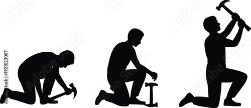 Worker hammering silhouettes set, construction labor activity collection, handyman using hammer illustration, manual repair workforce poses isolated