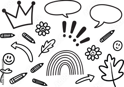 Collection of cute hand drawn doodle icons and symbols on white background
