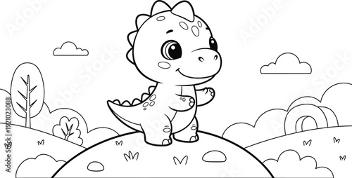 a delightful black and white illustration depicts a charming cartoon dinosaur standing on a hill with trees and clouds high quality