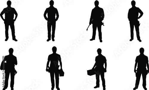 Worker silhouettes standing with tools collection, builder technician handyman team set, professional occupation people illustration concept pack