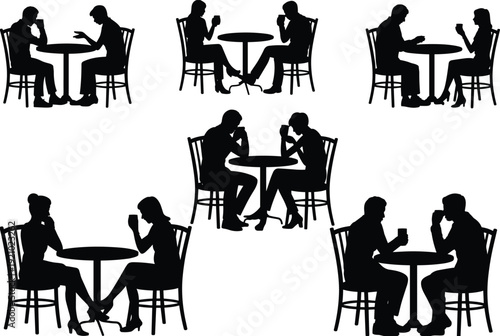 Black silhouette collection of various couples sitting at cafe tables drinking coffee talking or arguing in a restaurant setting