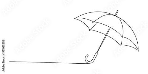 A simple black and white line drawing of an open umbrella resting on its curved handle. Vector, illustration