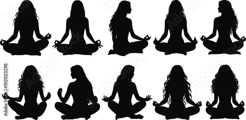 Black silhouette collection of woman in various yoga meditation poses, lotus position, mindfulness, mental health, wellness and spiritual zen exercise