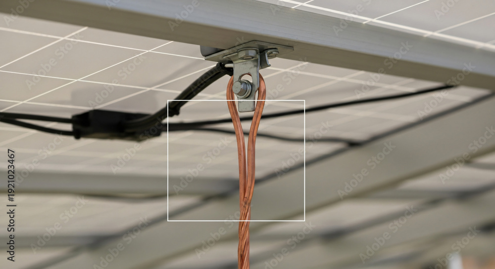 Obraz premium Close-Up View of Copper Grounding Wire and Metal Lug Attached to the Aluminum Frame of a Solar Panel Array Installation