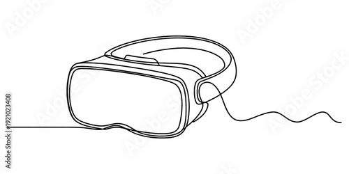 A single continuous line drawing of a virtual reality headset with a head strap and cord.