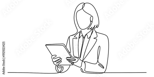 Continuous line drawing of a professional businesswoman holding a digital tablet