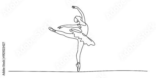 Elegant line drawing of a ballerina performing a graceful dance move on a white background.