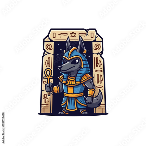 Anubis Egyptian God Cartoon Mascot Illustration with Ankh in Hieroglyphic Portal - Ancient Mythology Vector