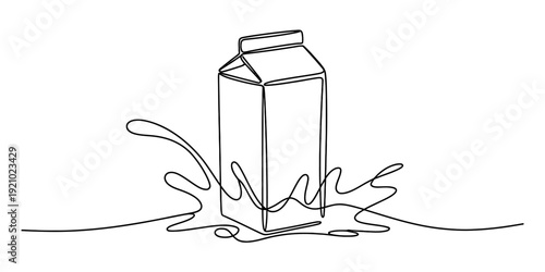 Minimalist continuous line drawing of a milk carton with a liquid splash at the base.