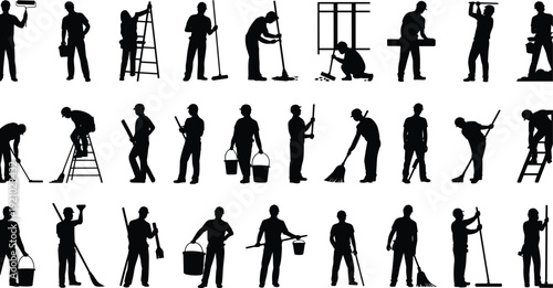 Maintenance worker silhouettes collection, janitors and painters with tools and buckets, cleaning service black vector set isolated