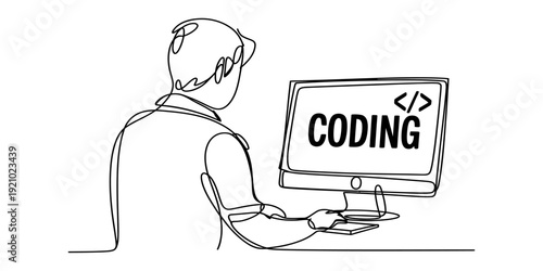 Continuous line drawing of a software developer working at a desktop computer with coding text.