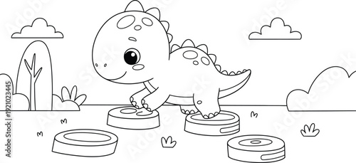 a charming black and white illustration depicts a cute baby dinosaur navigating stepping stones in a playful landscape with clouds