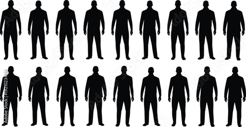 Male body silhouette set, standing man front view template isolated black vector illustration collection on white background