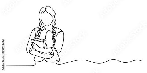 Continuous line drawing of a young student girl with braided hair holding a stack of books