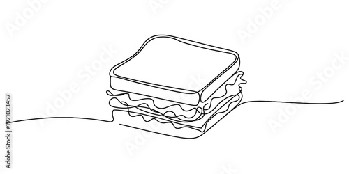 A simple continuous line drawing of a sandwich with lettuce and meat on white background.