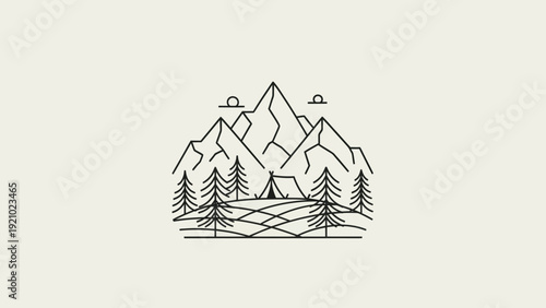 Minimalist mountain landscape with camping tent and pine trees.
