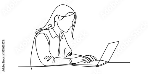 Minimalist one line art of a female professional typing on a laptop computer at a desk. Vector, illustration