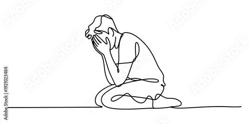 Continuous line drawing of a man kneeling and covering his face in despair and sadness. Vector, illustration