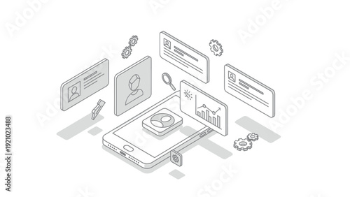 Mobile phone displaying digital information and user interface elements.