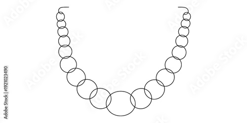 Simple black and white line drawing of a necklace made of interlocking circles of various sizes Vector, illustration