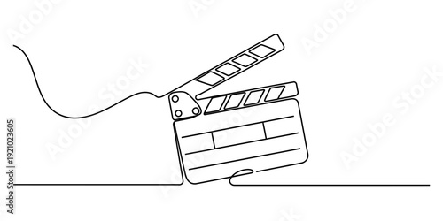 Continuous line drawing of a movie clapperboard on a white background for film production concept. Vector, illustration