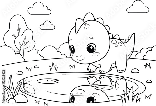 a charming black and white illustration depicts a cute baby dinosaur exploring a landscape with clouds trees and a pond