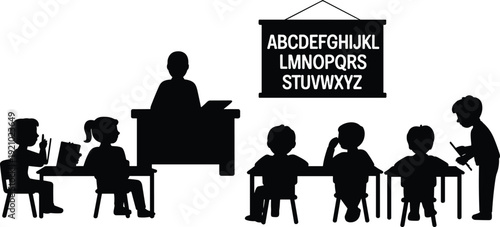 Black silhouette of classroom teacher at desk and elementary students learning alphabet letters in school education setting for vector design